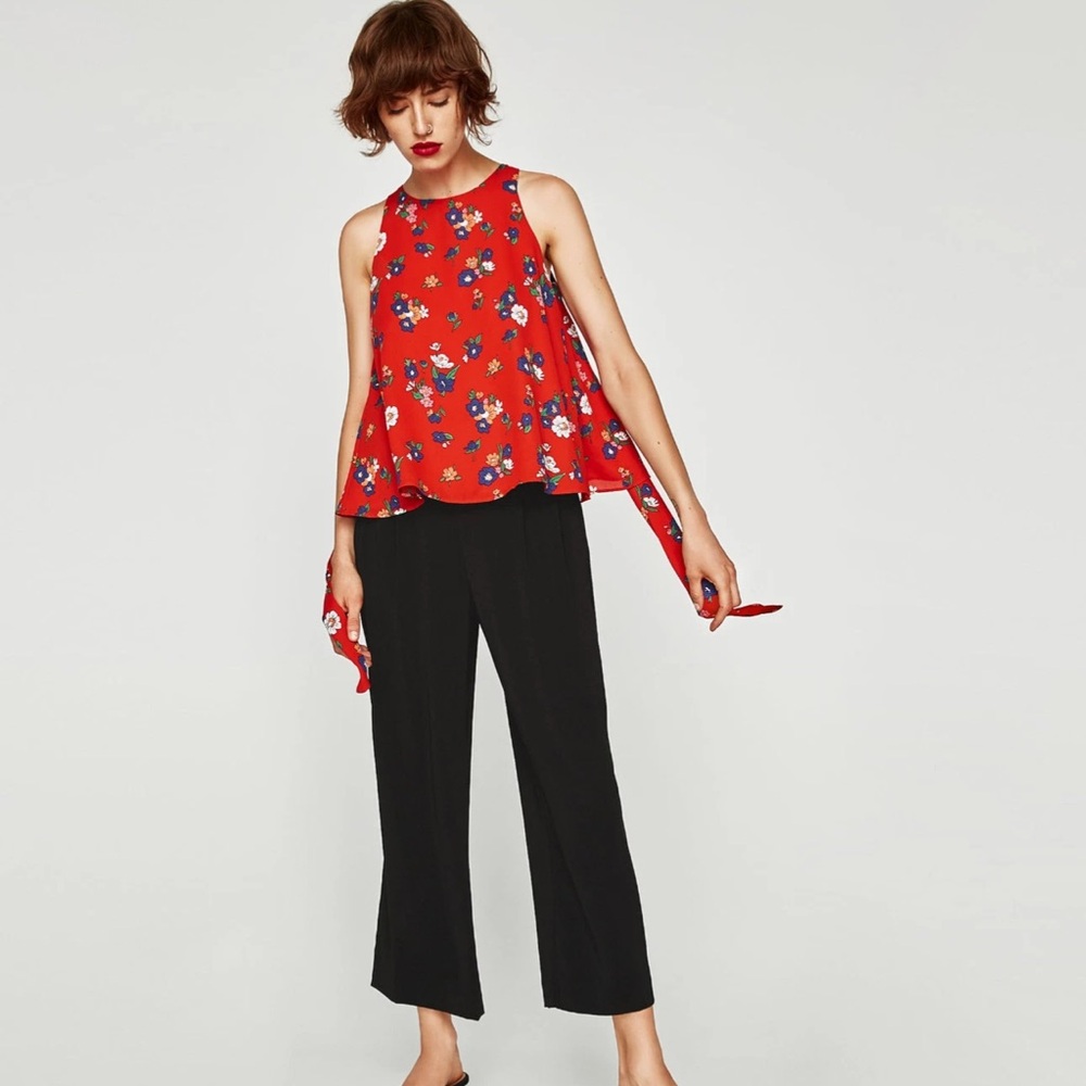 Zara Trafaluc Collection Red Floral Tie Detail Tank Top Blouse
